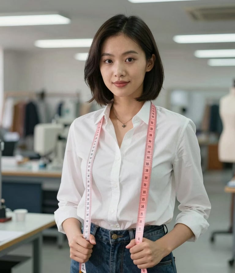 Una diseñadora de moda en un estudio con una cinta métrica alrededor del cuello.