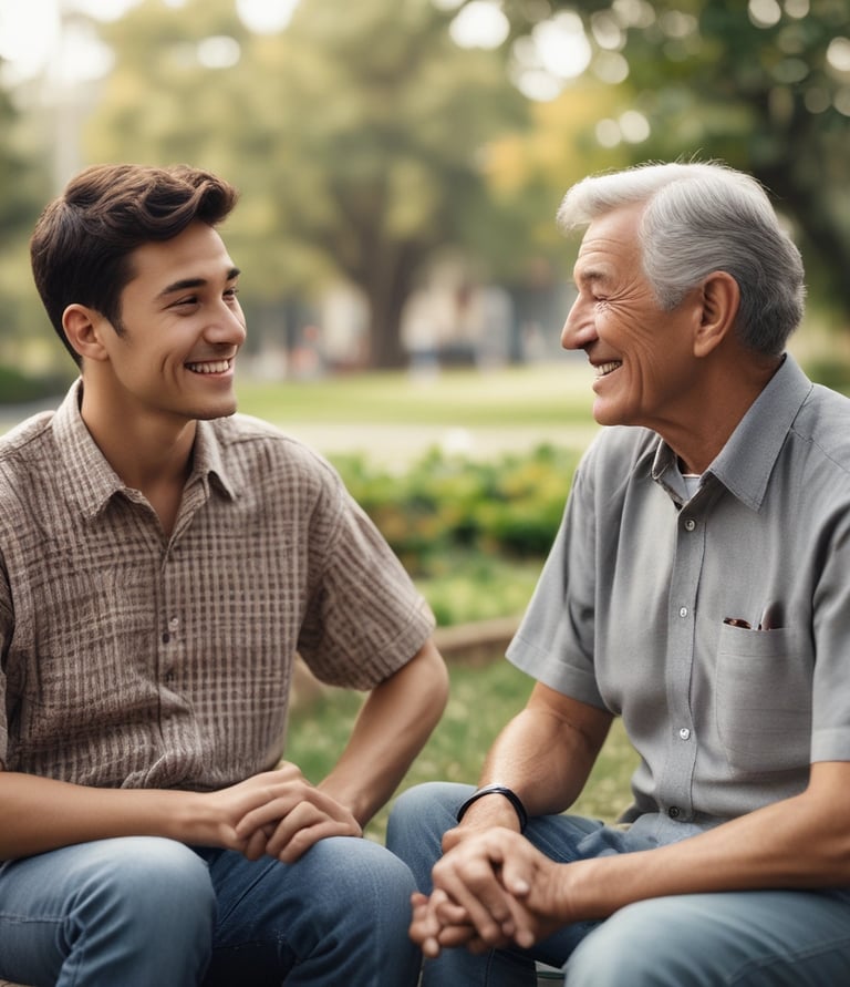 A gentle scene showing a senior woman smiling while speaking on a phone with a caregiver, set in a softly lit living room.