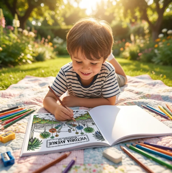 young boy laying on a blanket coloring a page