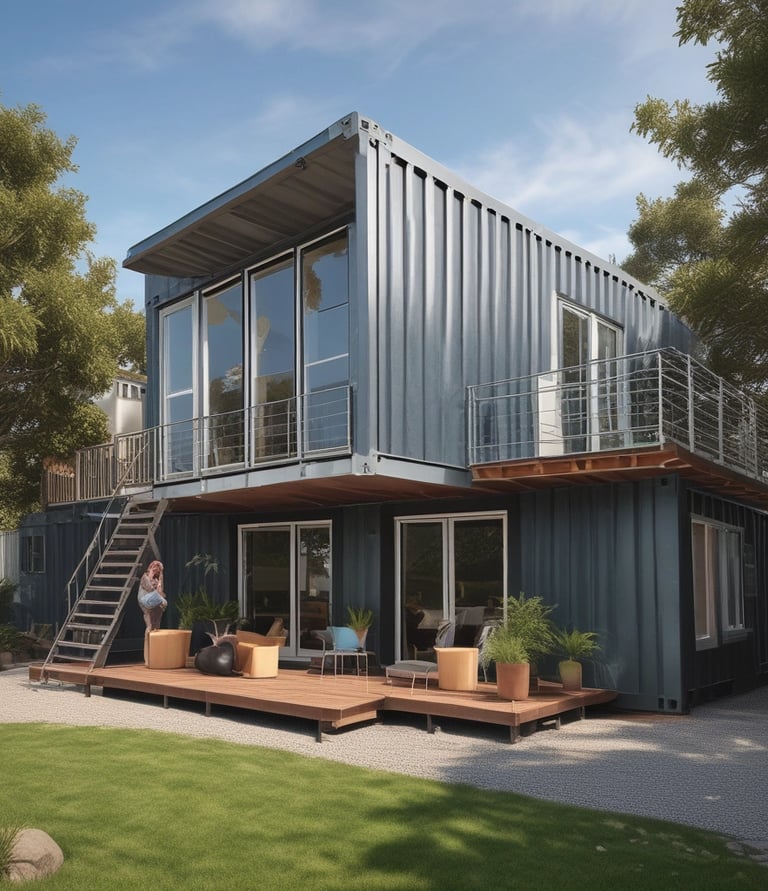 A cozy container home nestled in a green, quiet neighborhood at sunset.