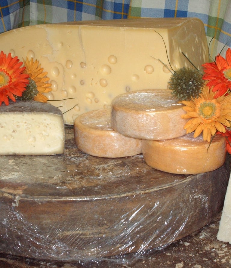 a variety of cheeses and cheeses on a table