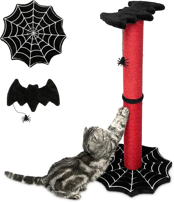 Littlesy 34-inch Gothic Halloween cat scratching post with spider web base, bat top, and spider toy 