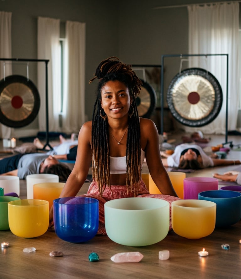 Practitioner with crystal singing bowls and gongs performing group session GMS Grow My Soul