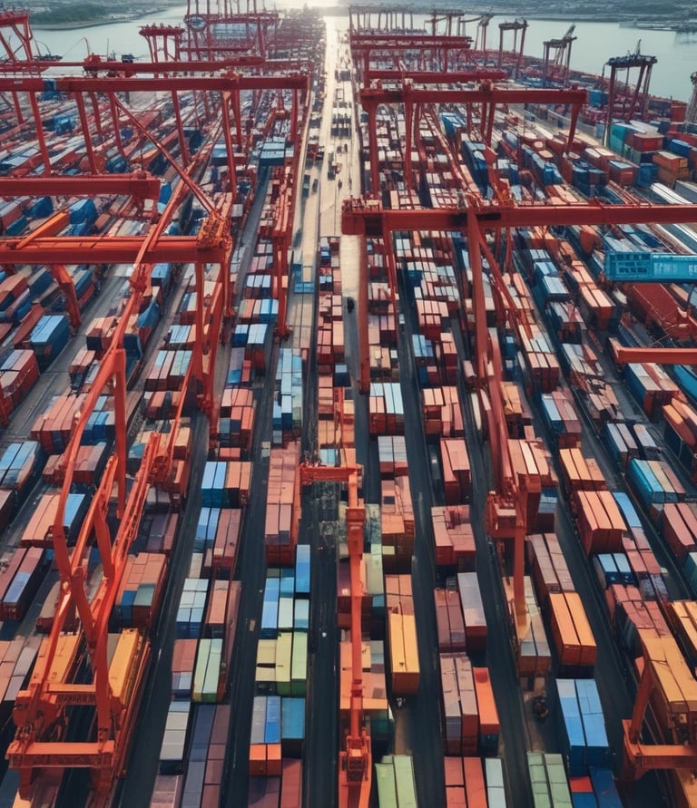 A large industrial storage yard filled with colorful shipping containers and trailers. The containers are stacked and aligned in rows, displaying various brand logos and colors. There are few vehicles parked nearby, and the area seems to be used for logistics or transportation purposes.