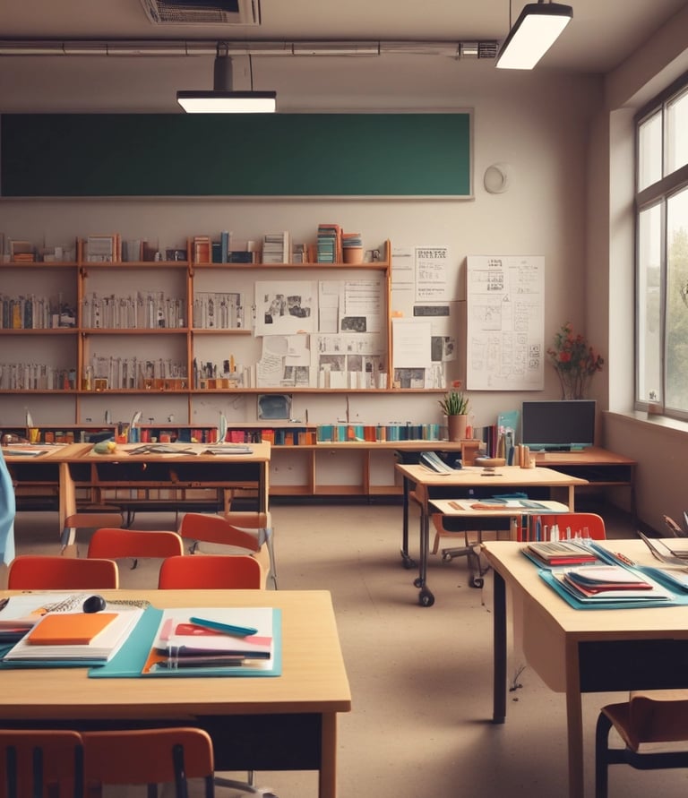 A classroom setting with students using various educational supplies and books.
