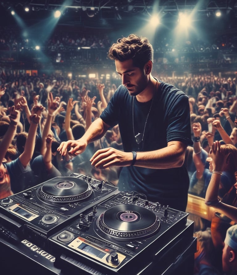 An animated turntable spinning vinyl records with colorful sound waves radiating out.