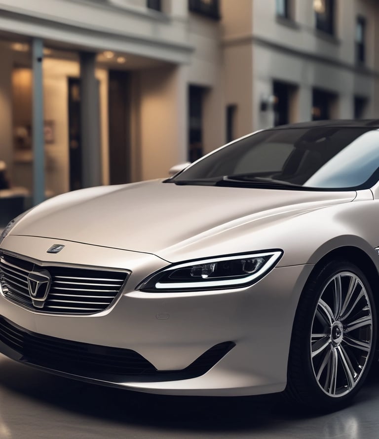 A luxury car with a shiny exterior is parked indoors. The vehicle features sleek lines, a prominent grille with a logo on top, and polished metallic accents. The lighting enhances its glossy surface, emphasizing the car's premium design and elegance. The background is subtly illuminated, with some greenery partially visible.