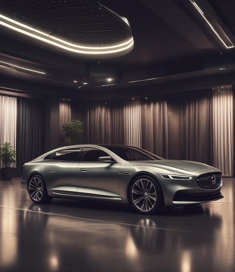 A luxury vehicle in a showroom setting, with a prominent front grille and sleek design. The environment is well-lit, showcasing multiple high-end cars on display.