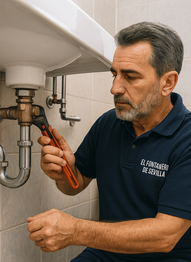 Un fontanero arreglando una fuga en un lavabo