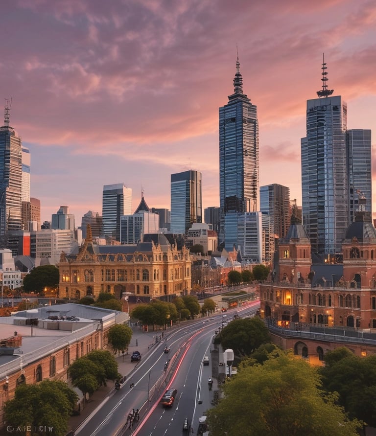 a Melbourne skyline view of with tall buildings