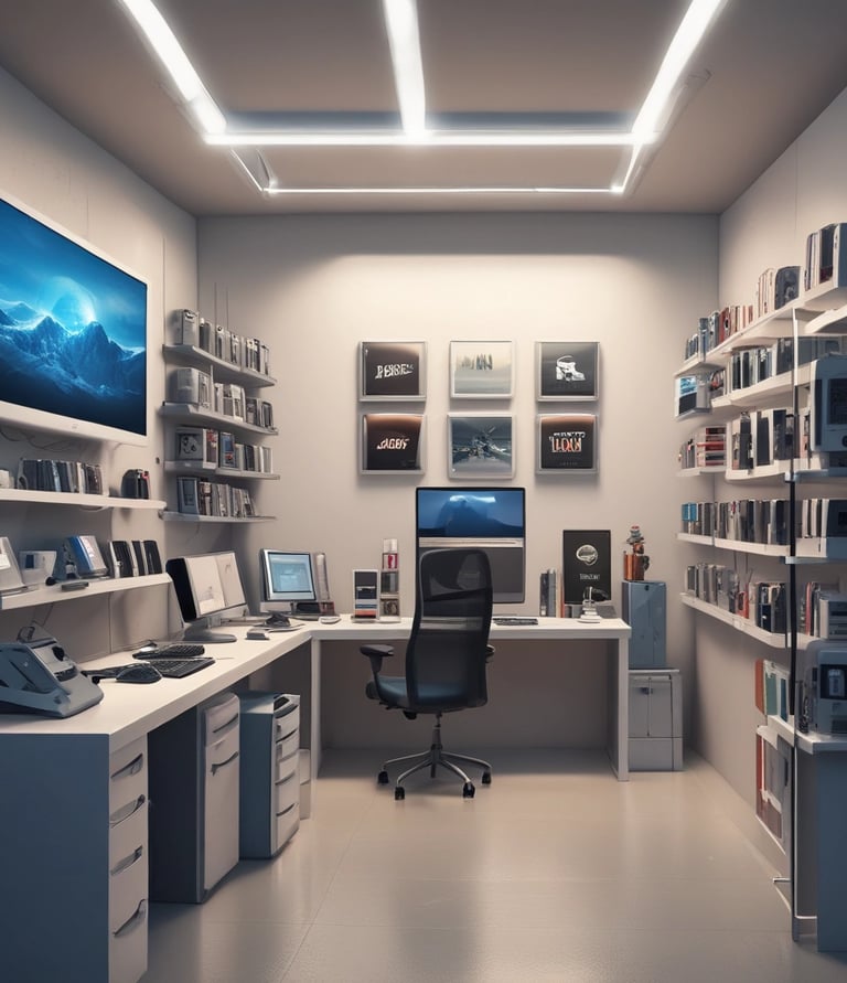 A collection of sleek, modern electronic devices including a laptop, smartphone, tablet, smartwatch, and wireless mouse, all featuring a consistent design theme with a focus on minimalism and elegance.