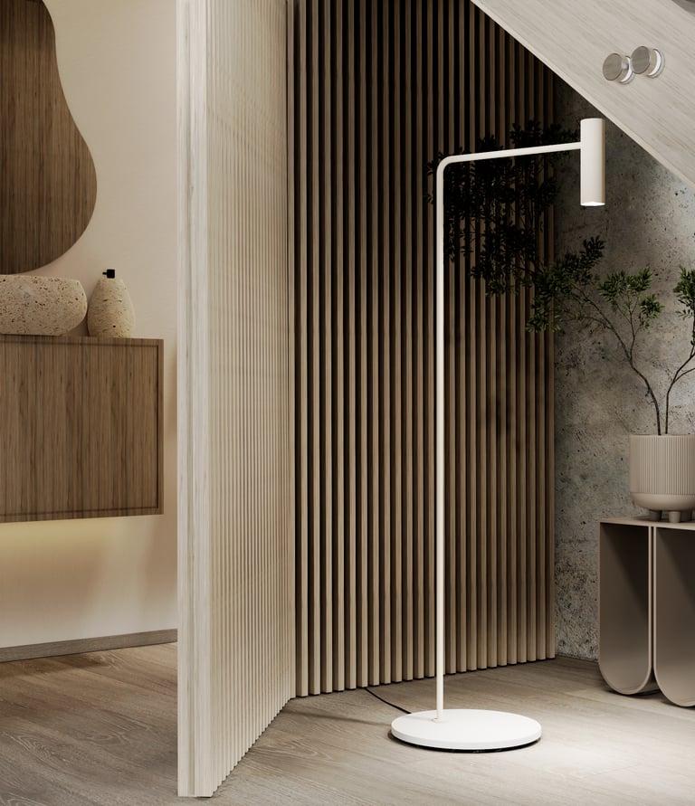 Modern minimalist interior design featuring a sleek wooden staircase with a built-in under-stair storage unit. The area inclu