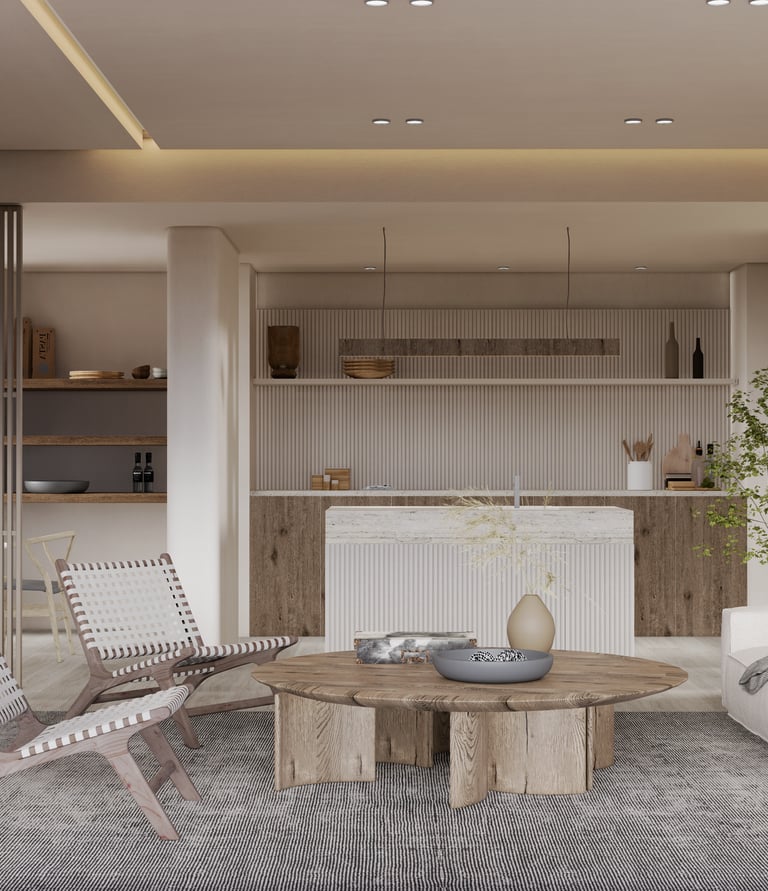 Contemporary living space featuring a cozy white sectional sofa with a textured finish, paired with a rustic wooden coffee ta