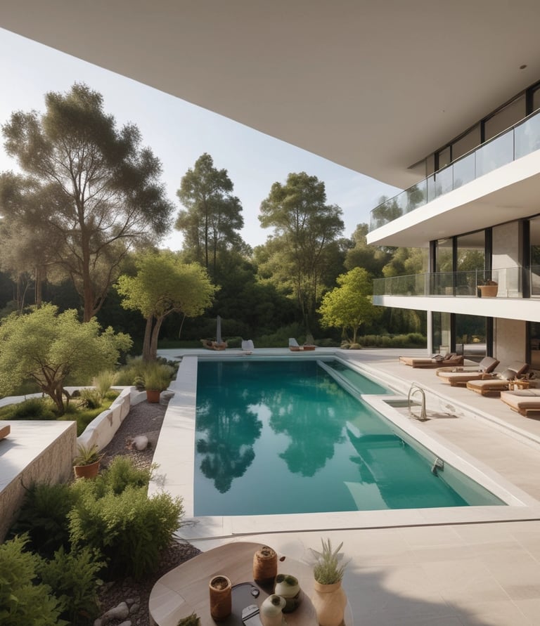 A clean and well-maintained swimming pool surrounded by a beautiful garden.