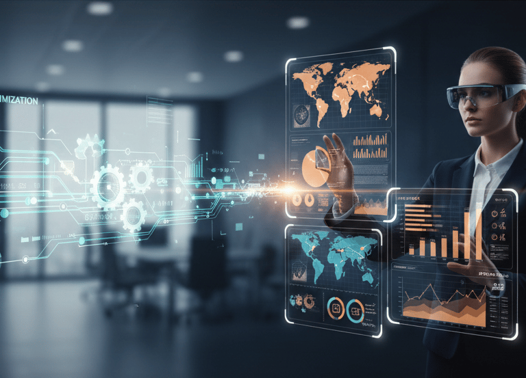 interaccion con gráficos de datos holográficos y mapas globales para la optimización empresarial.