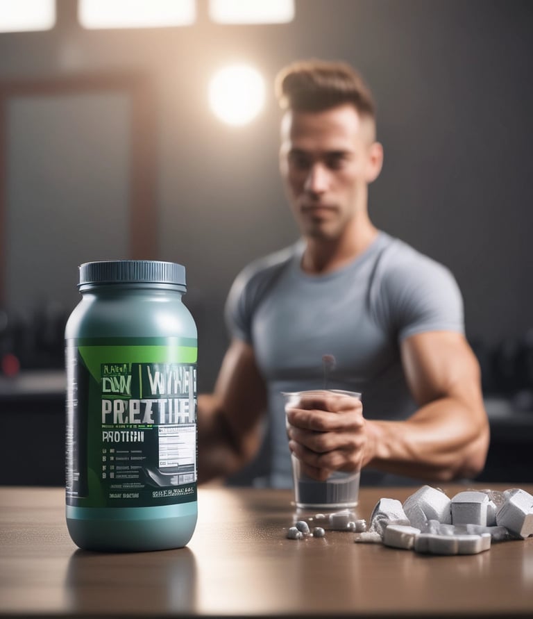 A container labeled 'protein' with a design of a muscular arm is placed on a reflective surface. Next to it, a white scoop with protein powder is partially filled and some powder is spilled on the surface.