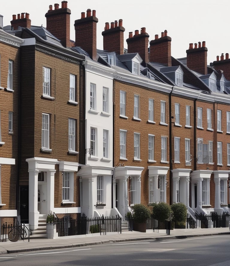 A panoramic view of London’s skyline at dusk with iconic buildings and residential areas glowing warmly.