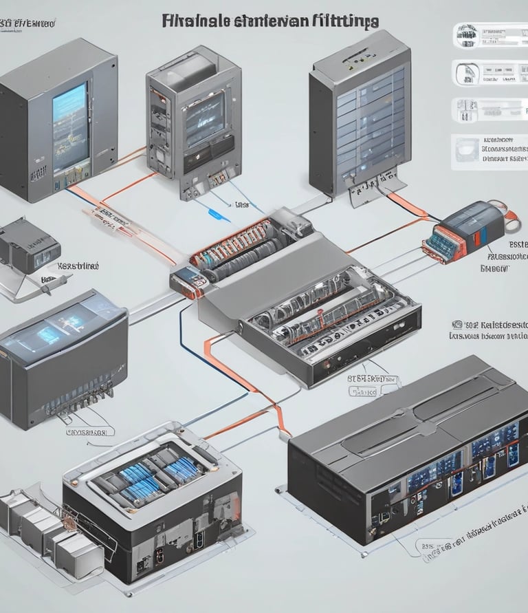 A dimly lit server rack filled with network equipment. Multiple colored cables, predominantly red, blue, and black, are neatly organized and connected to various devices such as switches and routers. Small LED lights on the equipment indicate active connections.