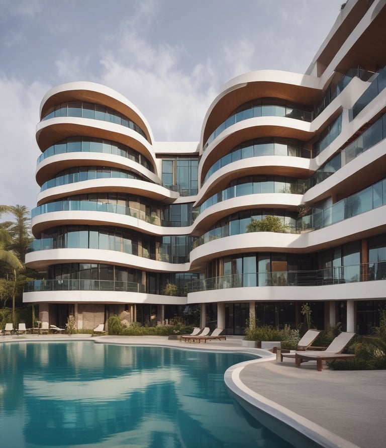 A tall apartment building with a brown and yellow facade stands against a clear blue sky. In front of the building, a large palm tree casts a shadow across the structure. The building has multiple balconies and windows, with a 'for sale' sign displayed on one of the balconies.