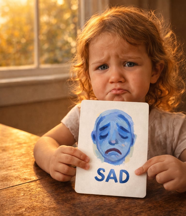 A young child with curly hair holds a flashcard showing a sad blue face to express their emotions.