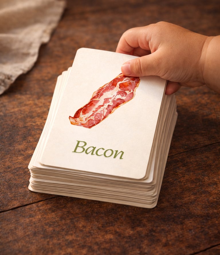 A child's hand holding a bacon flashcard from a stack of food educational cards on a wooden table.