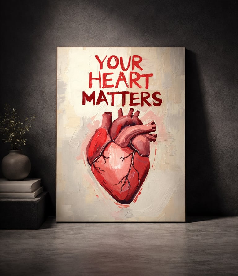 Anatomical heart painting with Your Heart Matters text for cardiovascular health awareness.