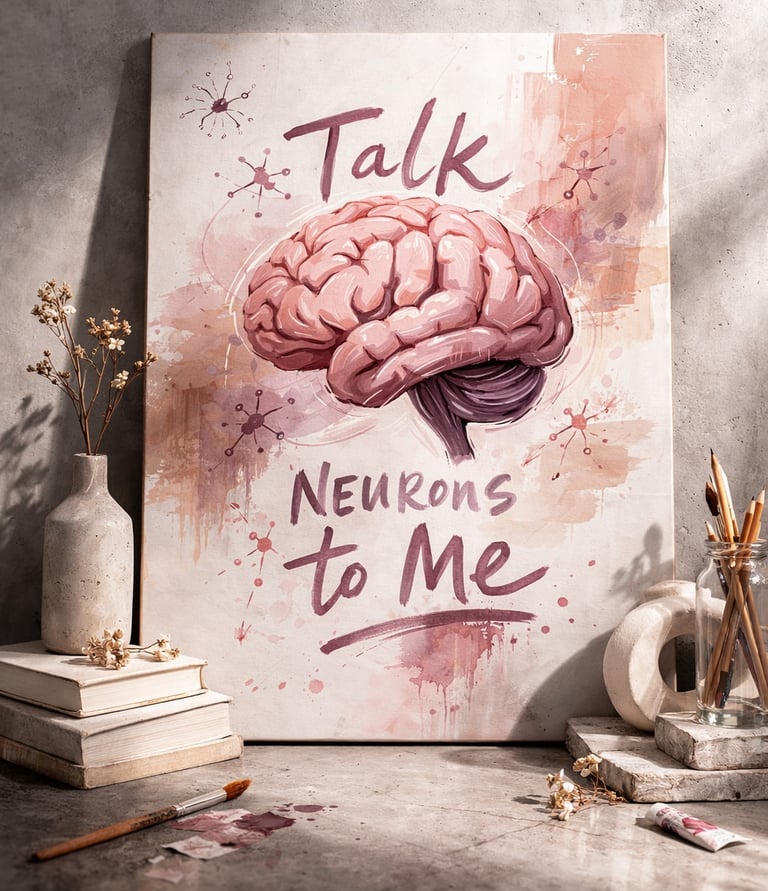An artistic anatomical brain illustration on canvas titled Talk Neurons to Me, displayed with art supplies.