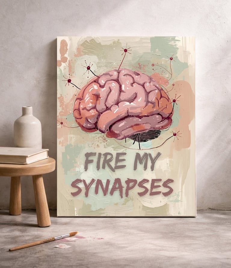 Brain anatomy canvas art with Fire My Synapses text on an easel in a modern art studio.