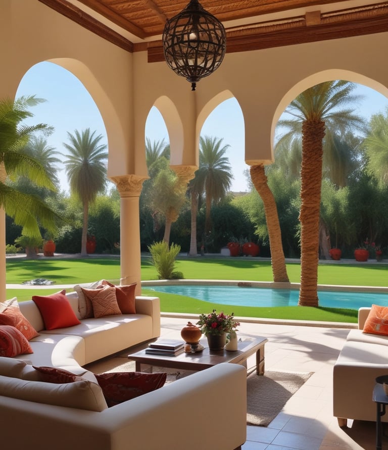 An elegant villa with a red-tiled roof is surrounded by manicured gardens featuring symmetrical paths and various plant life. The villa is positioned against a backdrop of lush greenery and a coastal cityscape, with a view of the calm blue sea.