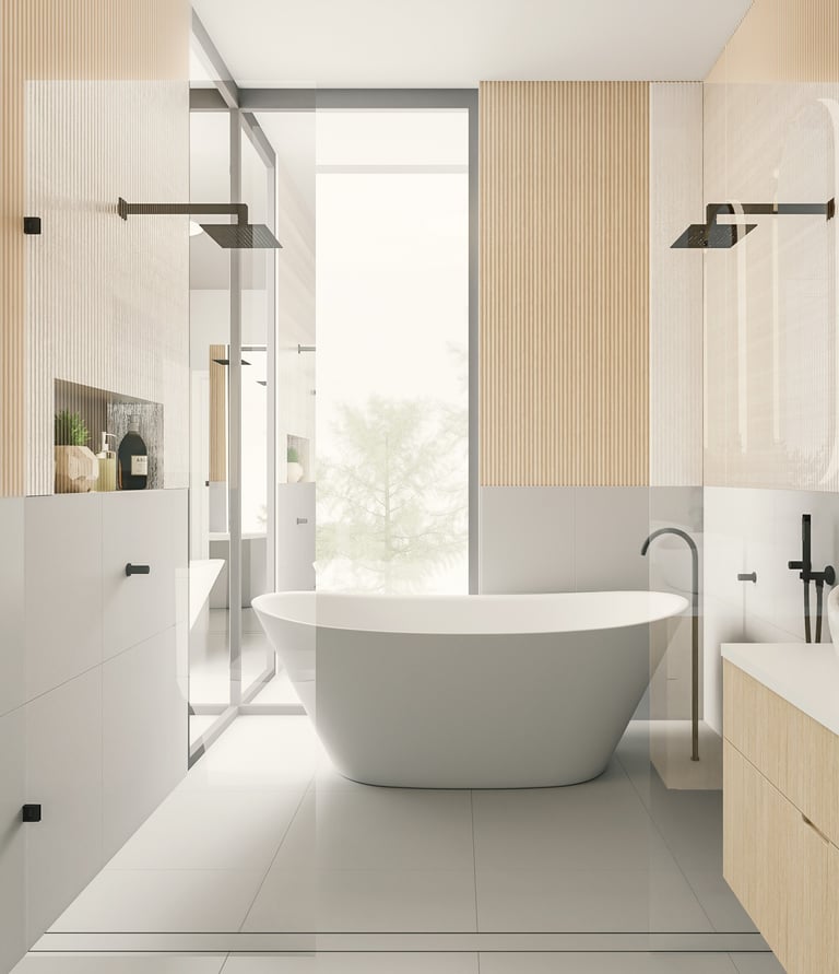 Une salle de bain avec une baignoire et une grande baignoire