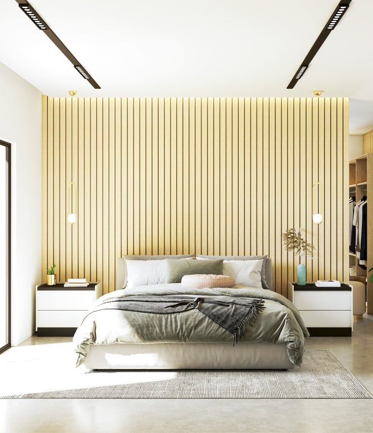 Une chambre avec un lit et une grande fenêtre