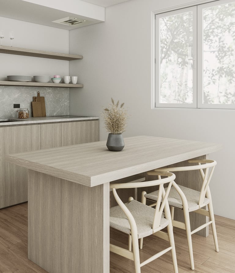 a kitchen with a table and chairs and a vase with a vase with flowers