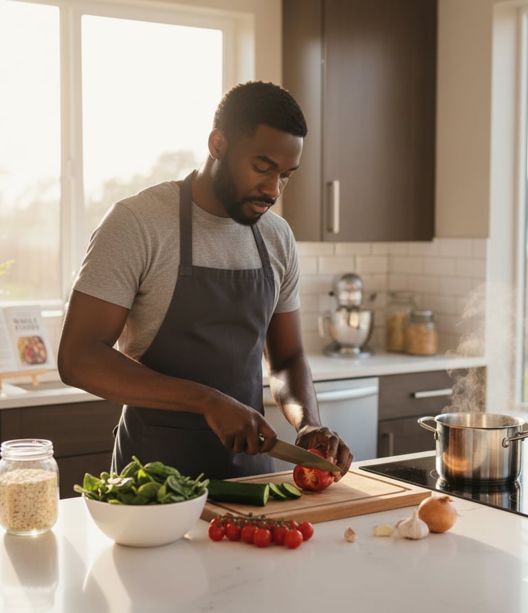 Man cooking in a bright kitchen, chopping ingredients for whole-food meal prep or dinner.