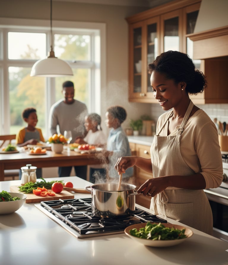 Women home cook preparing a whole-food dinner, chopping tomatoes in a sunny kitchen with family.