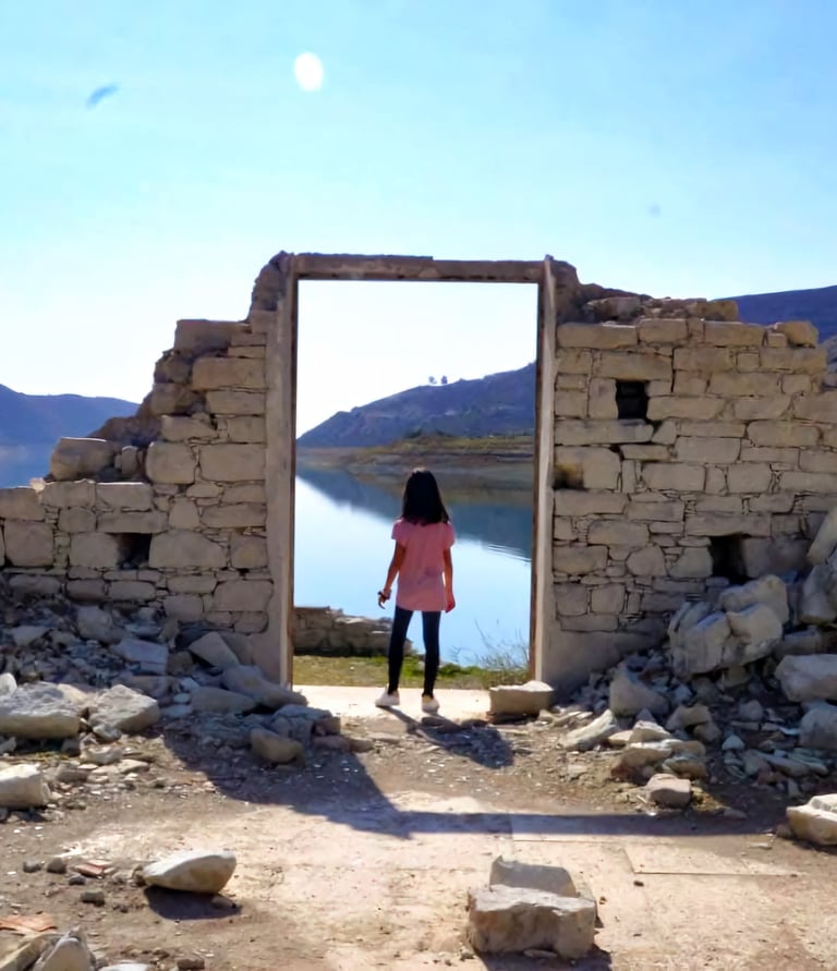 Young traveller exploring stone ruins in Alassa village