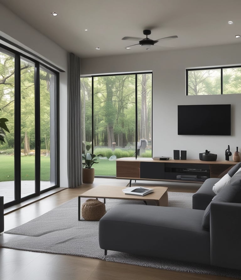 An outdoor view of a home equipped with smart security cameras and energy-efficient features.