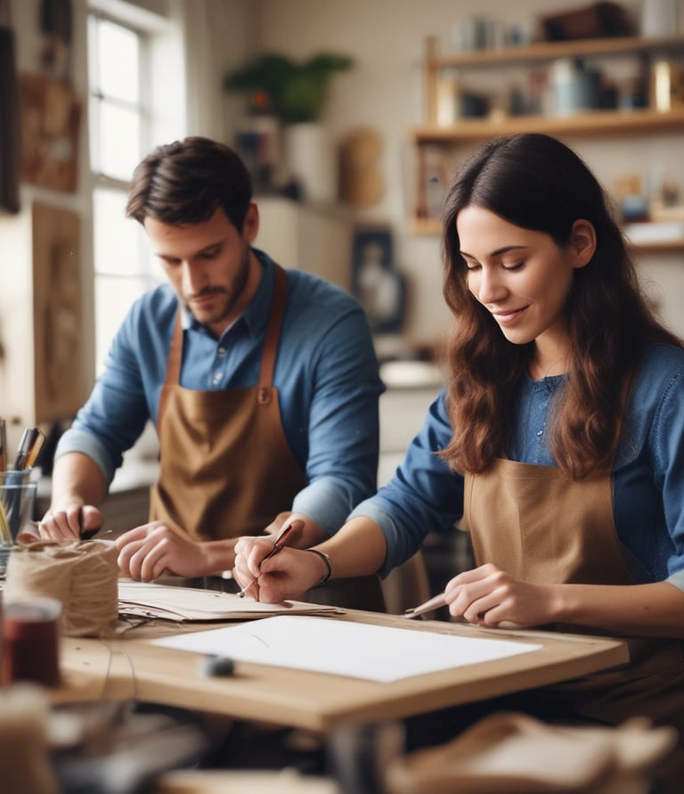 An artisan carefully working on a decoupage oyster shell, surrounded by natural materials and tools.