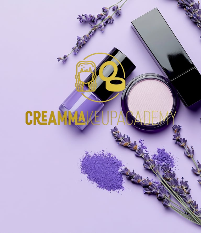 violett-weiße Make-up Utensilien auf lila Hintergrund