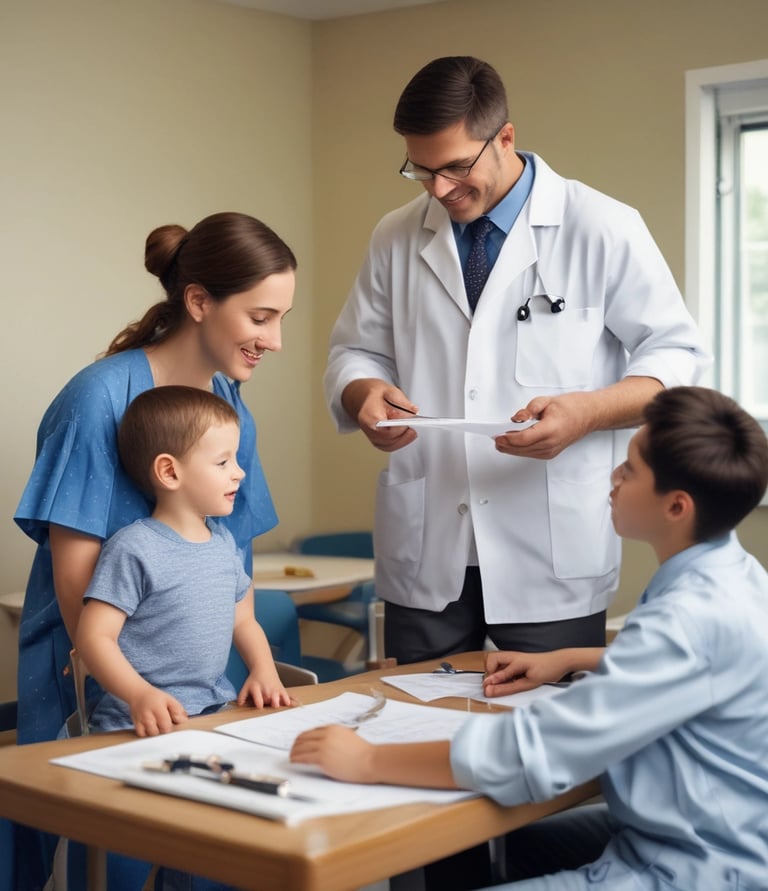 A room filled with several people, with a focus on a woman and child seated on blue chairs. The woman, wearing a red outfit, watches as the child receives a check-up from a person with long hair, possibly a healthcare worker, who holds medical equipment. In the background, more individuals, some with medical masks, are engaged in activities, likely related to health services. Posters and a blue banner adorn the walls, and sunlight streams through barred windows.