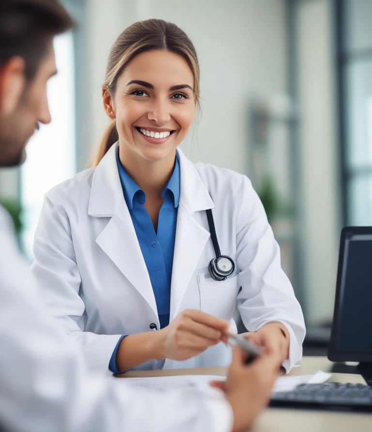 A young girl is seated on a medical examination table, receiving a small bandage on her arm from a healthcare provider. She is wearing a white shirt and has a pink bow in her hair. The provider is wearing bracelets and a blue shirt. The setting is a clinical room with wooden doors.