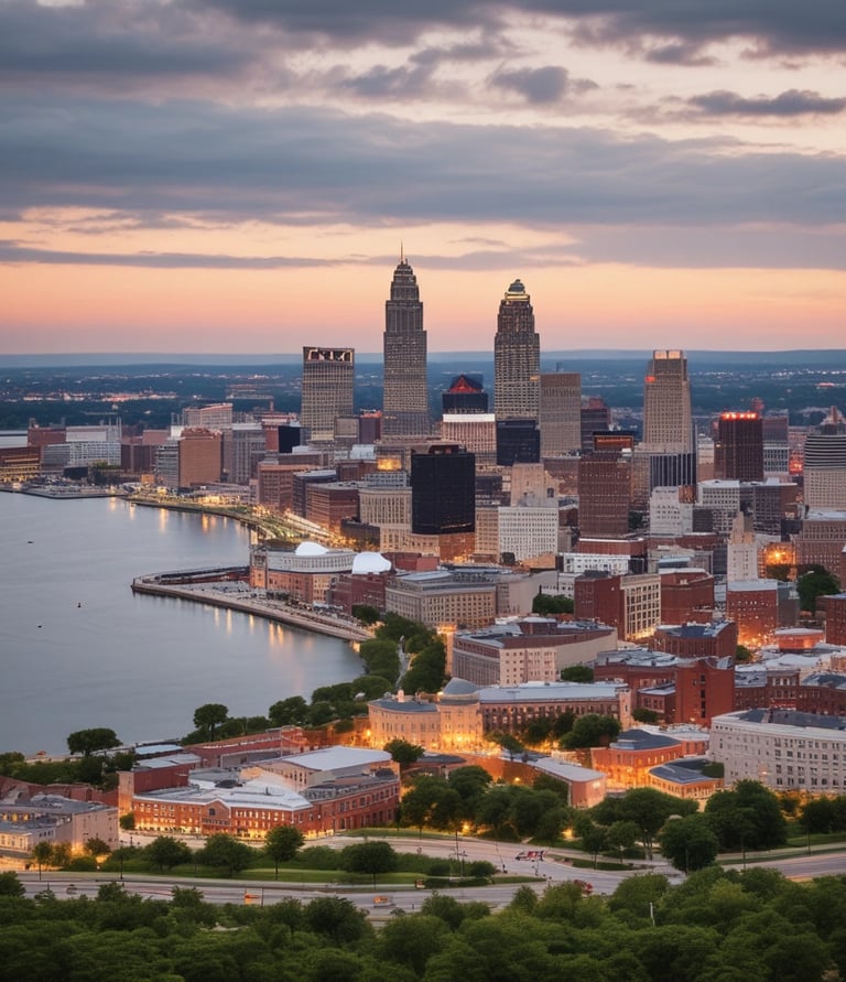 A residential street lined with brick houses stretches into the distance under a partly cloudy sky. A large tree without leaves stands tall on the right side, casting long shadows on the wet pavement. For sale signs are visible in front of the houses, indicating real estate activity. The sunlight filters through the branches, creating a serene atmosphere.
