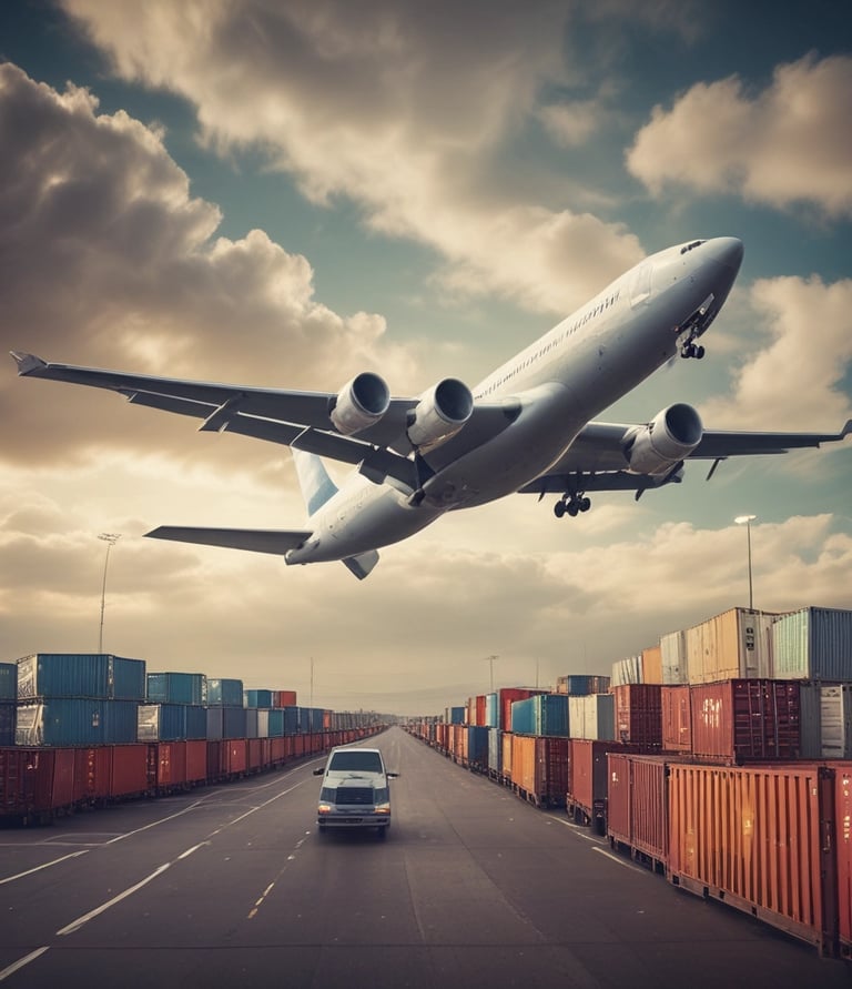 A blue locomotive is pulling a long freight train composed of various colored cargo containers, traveling along railway tracks beside a river. The scene is set in a small town with buildings adjacent to the railway line. In the background, lush green hills are visible, suggesting a rural landscape.
