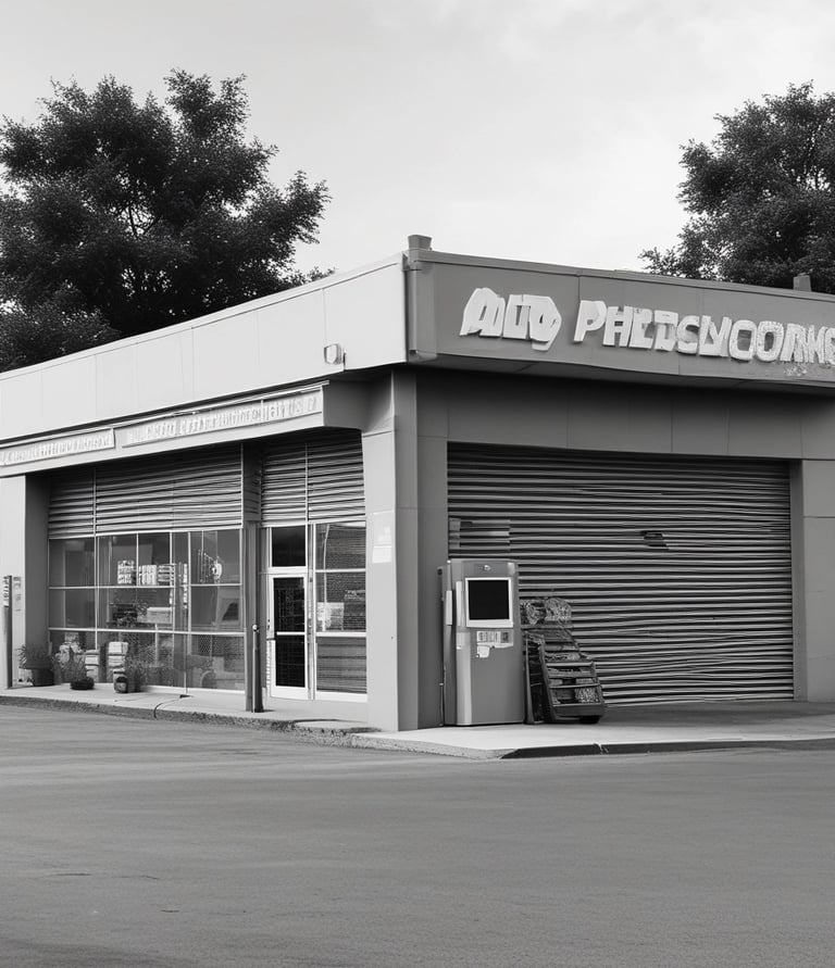 A commercial property featuring two buildings with metal roofs, situated in an industrial area. Several parked vehicles, including vans and cars, are seen near the buildings. The surroundings are well-maintained with greenery and clear weather with blue skies and clouds in the background.