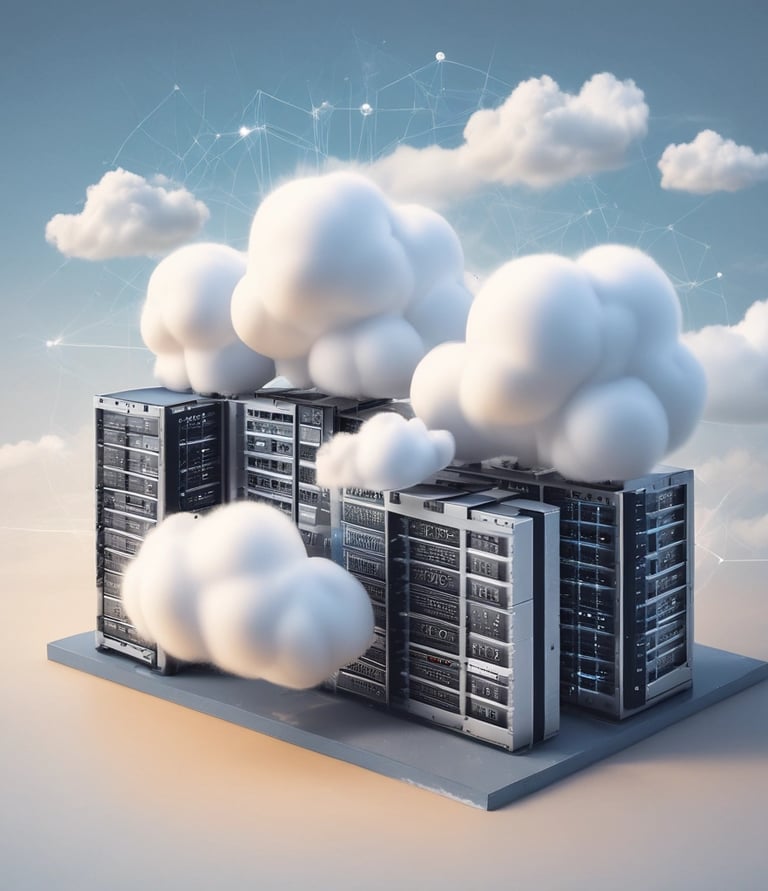 A cloud-shaped object with server racks is connected via cables to a computer monitor. The setup is surrounded by several black squares on a blue background, evoking concepts of cloud computing and data networks.