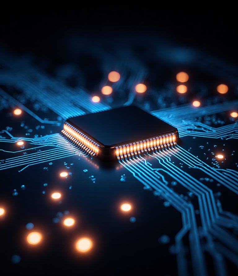 Um circuito digital iluminado com luzes