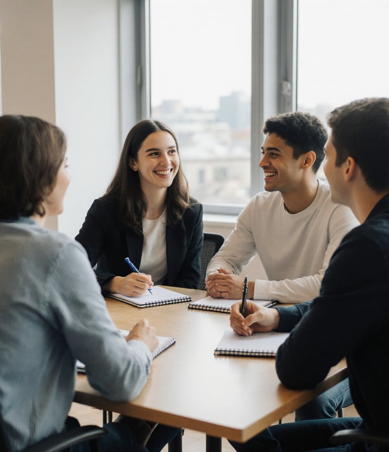 Um grupo de jovens sorrindo e conversando em um ambiente criativo