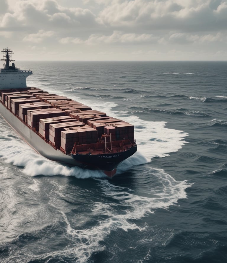 A large cargo ship is loaded with multiple shipping containers stacked high. Cranes labeled 'Terminal Burchardkai' are positioned above, suggesting the loading or unloading process is underway. The ship is sailing through a body of water with a cloudy sky overhead. The containers are colorful and bear various company logos.