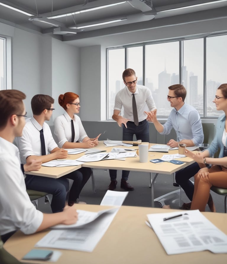 A professional team collaborating in an office setting.