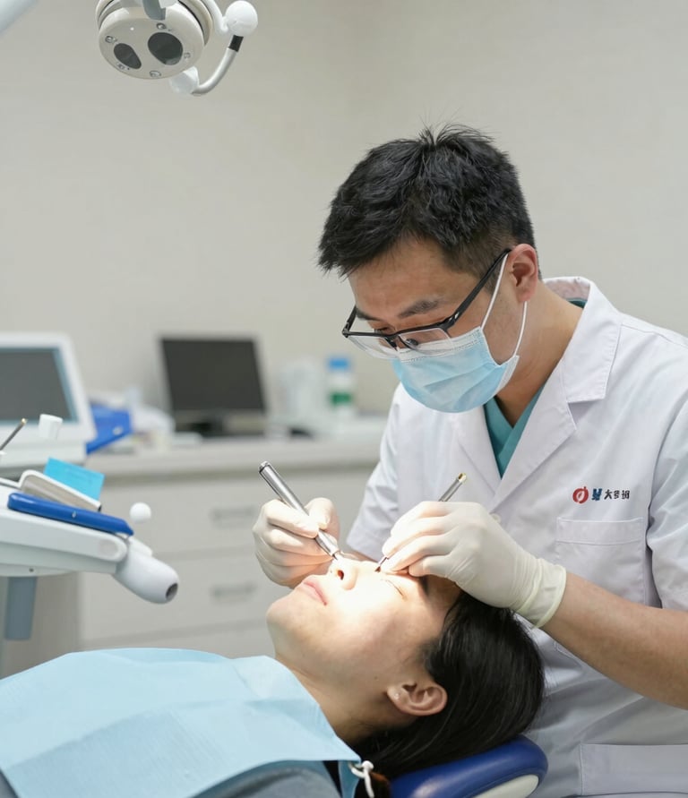A professional consultation setting with a medical professional sitting at a desk facing a client. The room has a modern aesthetic with white walls decorated with framed certificates. The desk is organized with office supplies, a laptop, and a fruit bowl in the center.