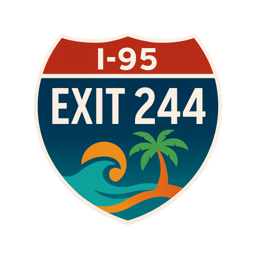 a highway sign with a palm tree on the side of it